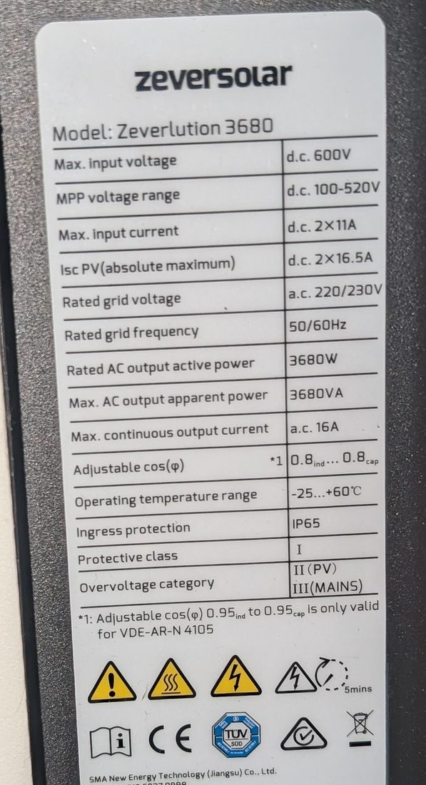 The rating plate on the side of the inverter, reading Model: Zeverlution 3680, with its input and output ratings and safety symbols.